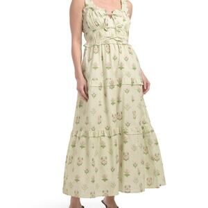 LEA Green White Striped Pink Floral Tiered Cotton Maxi Dress Size M